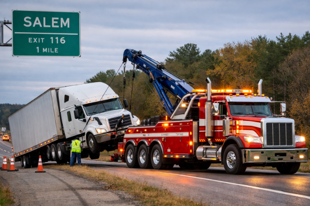Heavy duty towing truck in Salem IL loading a disabled semi truck safely off the roadway